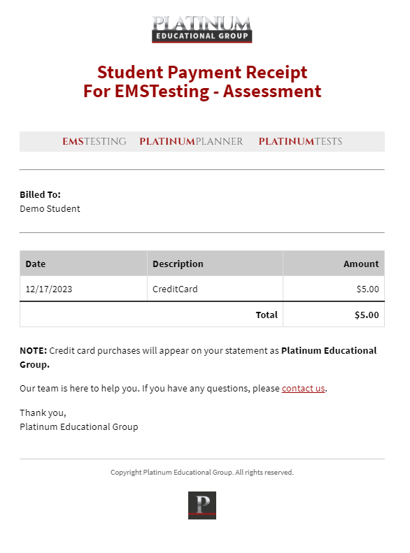 EMSTesting Assessment Receipt 